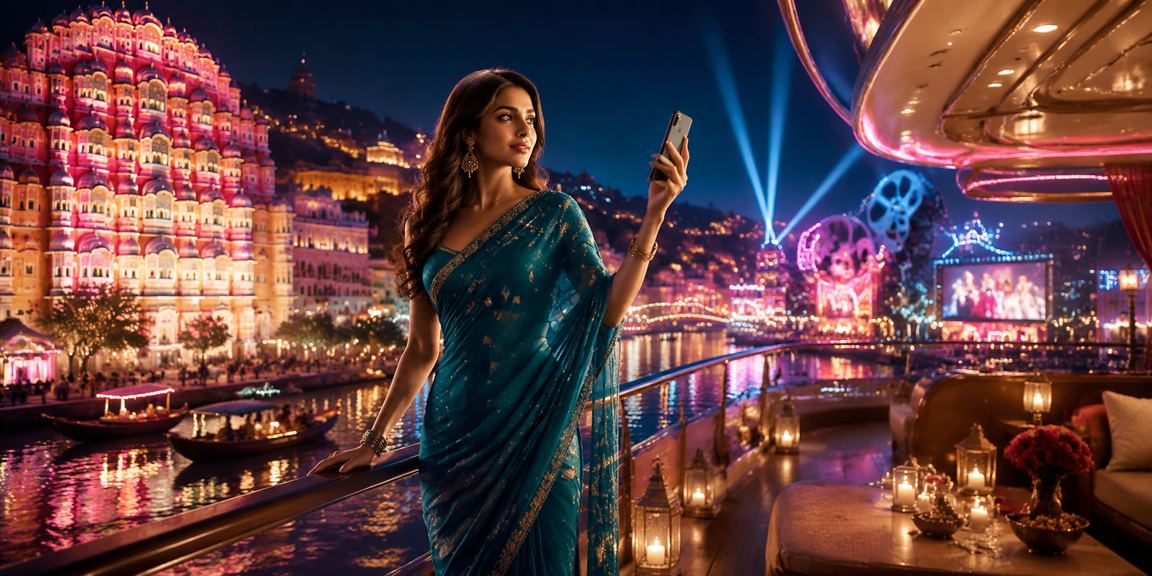 Mobile casino user in traditional saree near Hawa Mahal Jaipur