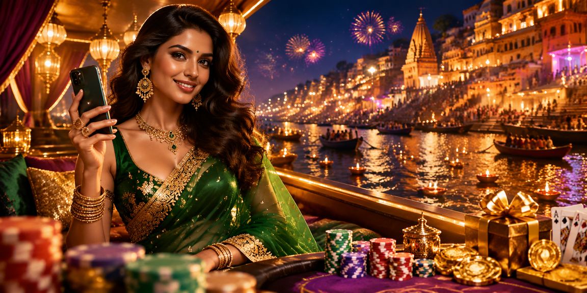 Player enjoying Teen Patti on mobile during a festive occasion in Varanasi